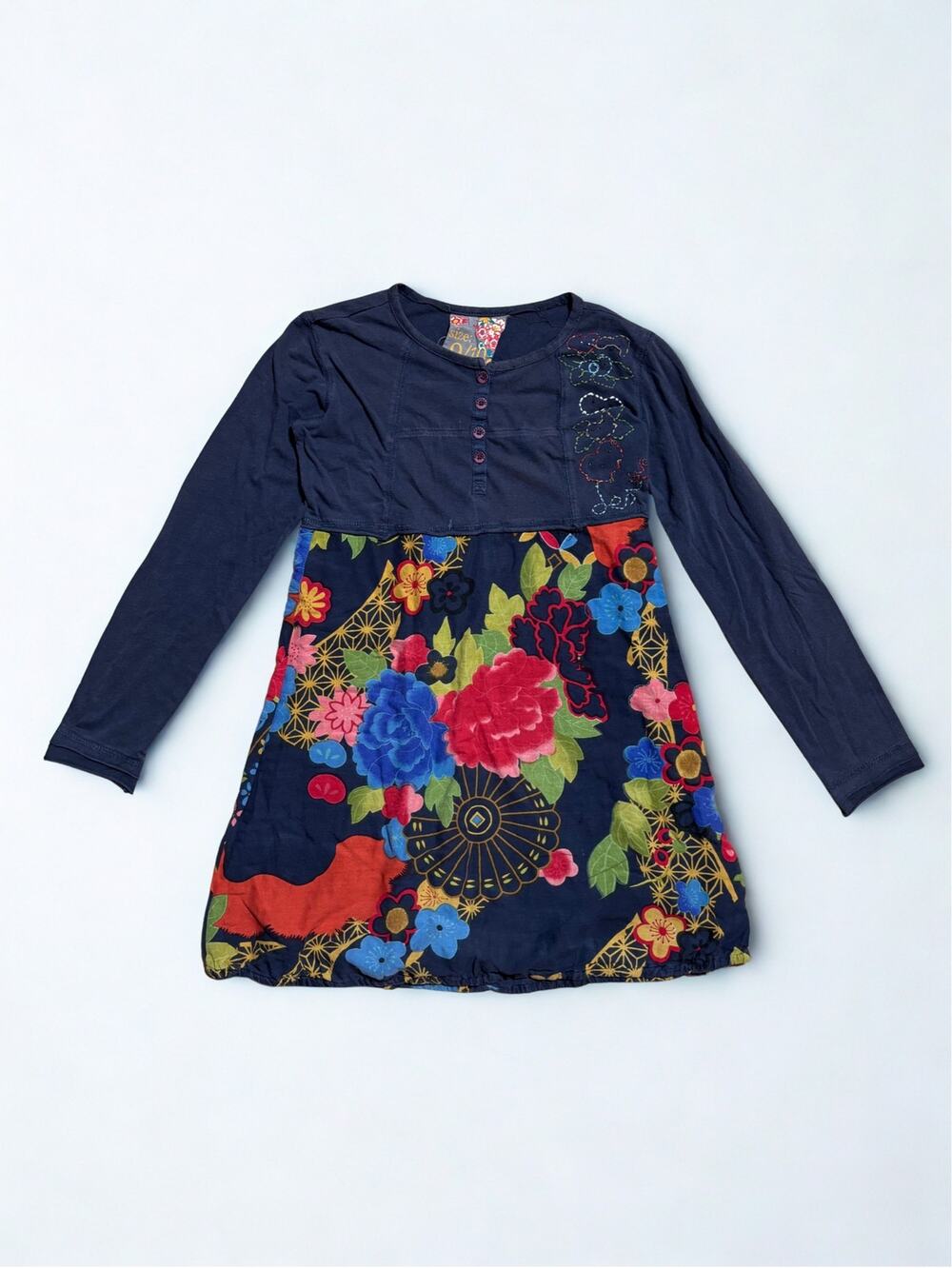 Vtg Y2K Desigual Navy Henley Babydoll Top Floral Bubble Hem Skirt